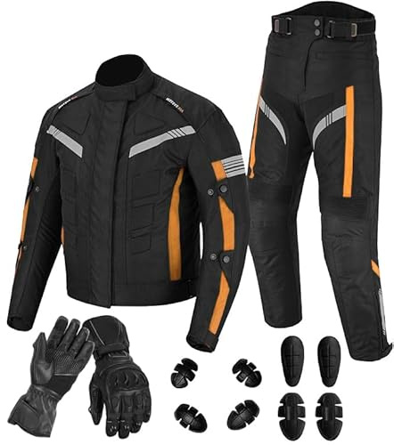 Herren Motorradhose mit Kapuze aus Aramidfaser, Schutzjeans zum Reiten, orange, L