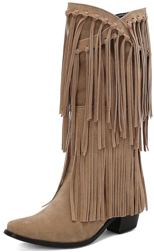Lizoleor Classique Femmes Mid Botte Hautes Frange Bloc Bout Carré Talons Hauts Mode A Enfiler Concise Suède Bottes Cowboy Beige Taille 38 EU/39Cn