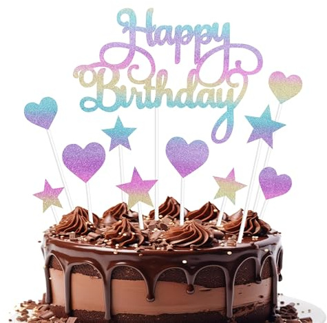11 Pièces Decoration Gateau Anniversaire Couleur, Happy Birthday Cake Topper, Topper Étoile Gateau Deco Gateau Coeur, Décoration de Gâteau pour Fille Garcon Fête Anniversaire Baby Shower Mariage (A)