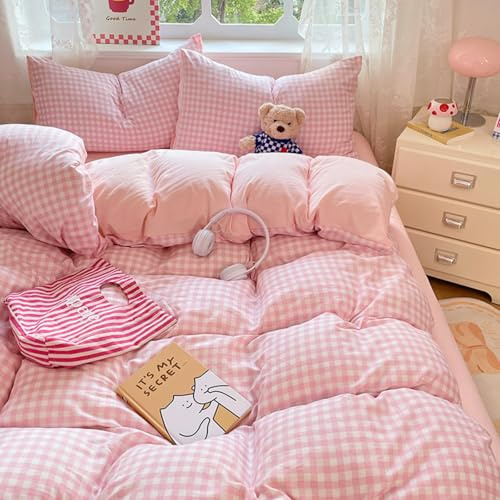 Freyamy Housse de Couette 220x240 Carreaux Vichy Rose Blanc Grille avec 2 Taies d'oreiller 65x65cm Parure de lit 2 Personnes Adulte Ado Sets de Housse Couette en 100% Microfibre avec Fermeture Éclair