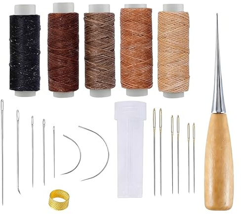 Kit Couture Cuir 21 Pièces avec Fil Ciré Multicolore 5x30 m, 13 Aiguilles Spéciales Cuir, Poinçon Manuel, Dé à Coudre et Boîte de Rangement, Ensemble Complet pour Réparation