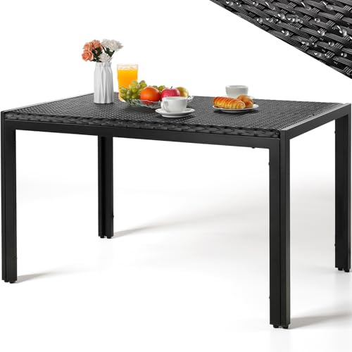 LIFERUN Mesa de Jardín Rectangular para 4-6 Personas en Rattan PE y Metal, 119x74 cm, Mesa de Comedor para Exterior, Resistente a la Intemperie UV, 4 PCS Patas Ajustables, para Terraza Balcón, Negro