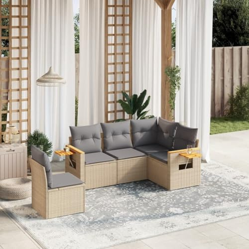Owoxanthellate Set di 5 divani da giardino in rattan beige, 239,94 x 62 x 69 cm, resistente alle intemperie, con ripiani pieghevoli, per terrazze, balconi, giardini, lounge