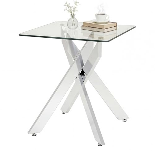 COSTWAY Tavolino Laterale in Vetro, Tavolino Moderno Quadrato con Piano in Vetro Temperato e Base a X in Metallo, Tavolo per Spazi Ristretti, per Soggiorno e Camera da Letto
