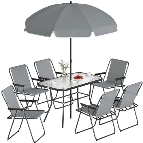 Outsunny Set Tavolo e Sedie da Giardino 8 Pezzi con Ombrellone, Set da Pranzo Esterno con 6 Sedie Pieghevoli in Texteline, Tavolo in Vetro Temperato, Struttura in Acciaio per Terrazza Balcone, Grigio