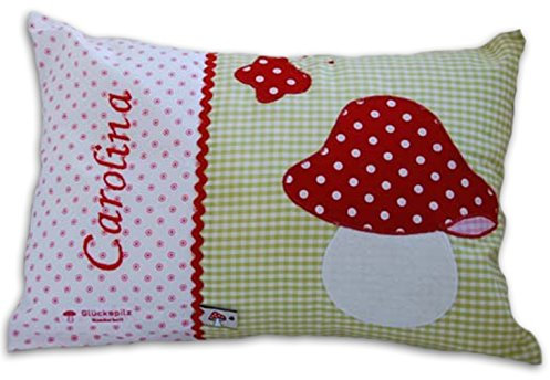Glückspilz Namenskissen Babykissen I Fliegenpilz Pilz I mit Namen personalisiert I Geschenk zu Geburt, Taufe, Geburtstag I Grün Rot (25 x 35 cm)