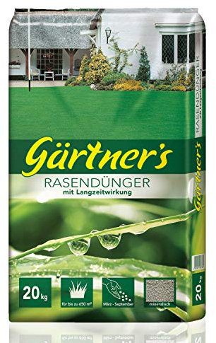 Gärtner's Rasendünger Langzeitwirkung 20 kg I NPK 20+5+8 I Dünger mit Magnesium für Sportrasen + Schattenrasen + Regenerationsrasen I Volldünger Einsaat & Nachsaat 650m²