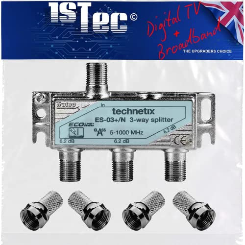1STec Genuine Virgin Media 3 Way Technetix Passive Wideband Signal TV Splitter Screw-on F-Connector Type TiVo TV Set Top Box Superhub Internet Router 5-1218MHZ Freeview DVB-C/T2/S 5-1000MHZ
