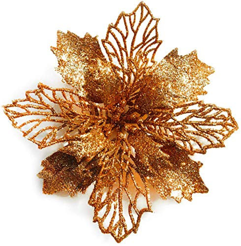GL-Turelifes Lot de 12 Fleurs Poinsettia artificielles à Paillettes pour Sapin de Noël, 16 cm de diamètre, avec 12 Attaches Vertes Douces (Bronze)