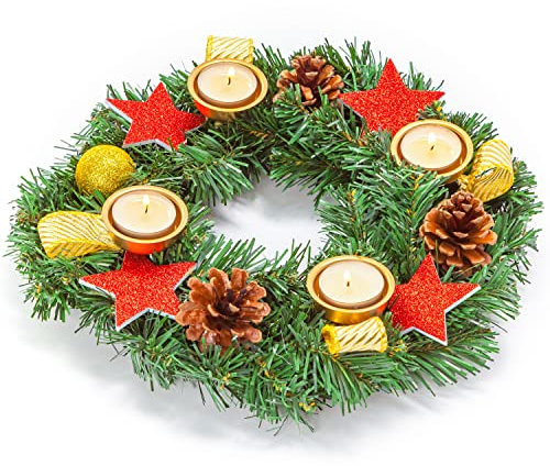 Couronne de l'Avent artificielle I Couronne pré-décorée pour Noël I Avec 4 bougies chauffe-plat I 30 cm