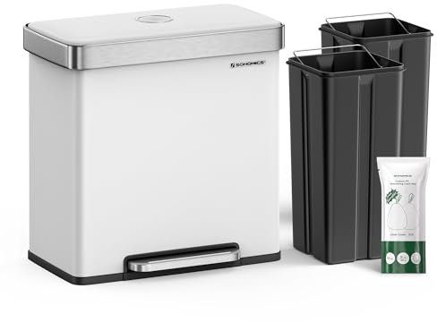 SONGMICS ULTB202W01 Küchenabfalleimer, 2 Fächer, 60 l Tret-Recycling-Mülleimer, bleibt offen und sanft schließend, Edelstahl, 15 Beutel enthalten, Wolkenweiß