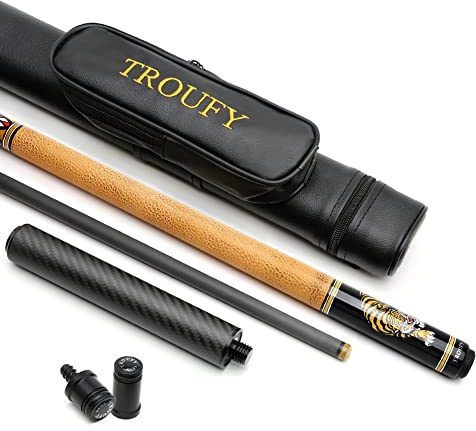 TROUFY Kohlefaser Pool Queue mit Koffer Kombination, Kohlefaser Billard Queue-Sticks Verlängerung 12,5 mm Spitze (TR01)