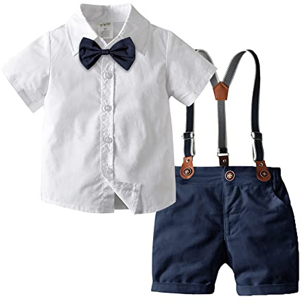 FYMNSI Ensemble de costume festif pour bébé garçon - 4 pièces - Chemise à manches courtes avec nœud papillon + bretelles + short - Pour mariage, anniversaire, baptême, blanc et bleu marine, 6-7 Jahre