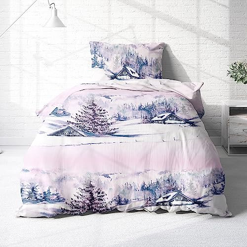 Träumschön Biber Bettwäsche Set 2tlg 155x220 cm + 80x80 cm – Flauschige Weihnachtsbettwäsche Rosa – Weiche Winterbettwäsche Winterlandschaft - Atmungsaktiv, Warm & Hautfreundlich - 100% Baumwolle