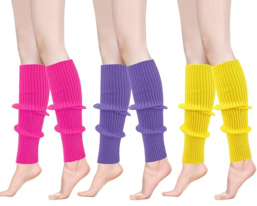 Yuqilin 3 Paare Stulpen Damen, Beinwärmer, Neon Strümpfe Gestrickte, für Maskeraden, Tanzaufführungen, Yoga (Hellviolett Rosenrot Gelb)