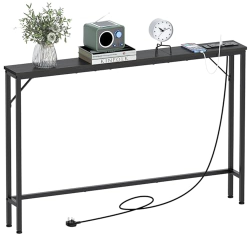 VEDECASA 5.9 Skinny Console Table with Charging Station Narrow Long Behind Couch Table with Power Outlets USB Ports Slim Sofa Table for Entryway Living Room Hallway Office Sturdy Steel Frame Black