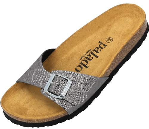 Palado Pantoletten Damen Malta Coralino – elegante Sandalen Made in Spain - bequeme Hausschuhe mit Kork-Fußbett - modische Sommerschuhe Anthrazit UK8 - EU41