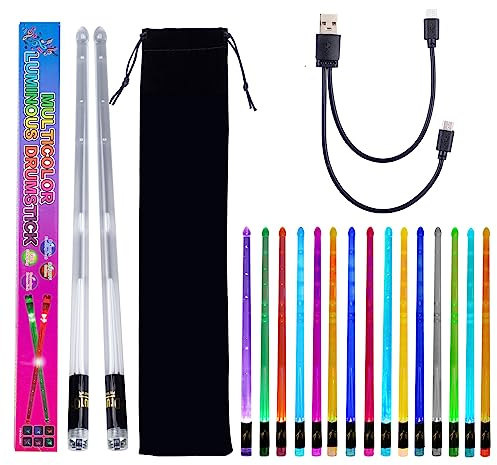 LED Light Up Drum Sticks: 15 Color Glow In The Dark Clear Drumsticks with USB Charging Cable Rechargeable, Personalized Drum Sticks for Adults