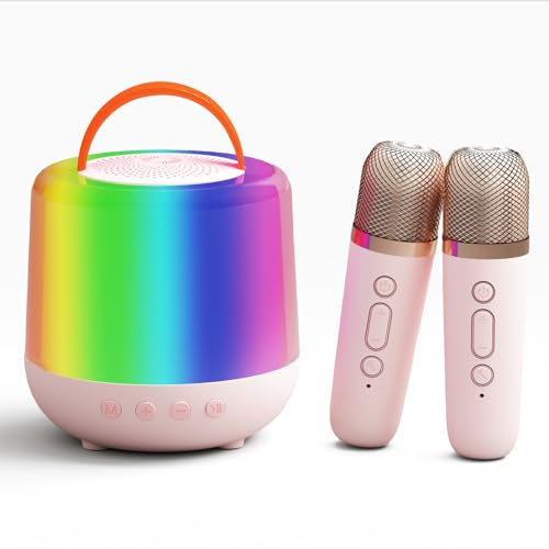 Karaoke Maschine Kinder, Mini Karaoke Maschine mit Mikrofon Kinder, Karaoke Anlage mit 2 Mikrofonen für MäDchen Jungen, Tragbares Bluetooth Lautsprecher mit Licht & Karaoke Mikrofon (Rosa)