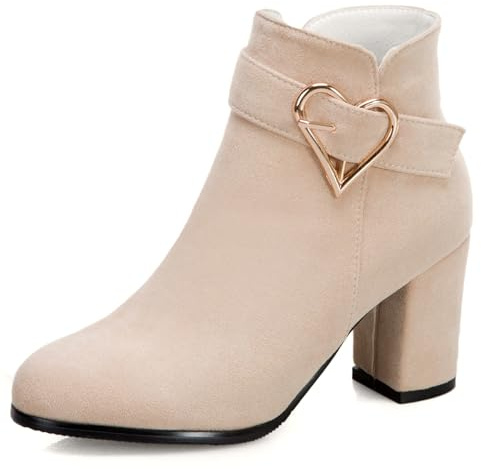 OALEEN Bottines Boots Femme Hiver Talon Haut Carré Bloc Bout Rond Coeur Métal Effet Suède Velours Soirée Chaussures Beige 34