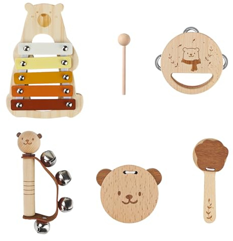 5Pcs Kids Musical Instruments - Wooden Bear Musical Toddler Toys Set, Baby Sensory Wooden Toys, Baby Xylophone Tambourine Castanets Baby Musical Toys for Boys Girls