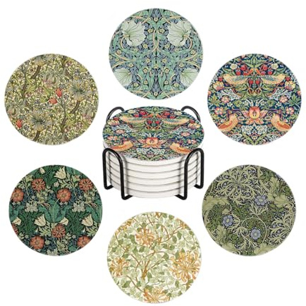 WWOOPLL William Morris dryckesunderlägg set med 6, vintage botanisk blommig trädgård absorberande rund keramisk stenmatta, med korkbas och metallhållare, halkfri korkbotten för muggar och glas