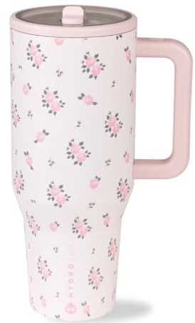 HydroJug Traveler - 32 oz Water Bottle with Handle & Flip Straw - Fits in Cup Holder, Leak Resistant Tumbler-Reusable Insulated Stainless Steel & Rubber Base - Gifts for Women & Men, Wildrose