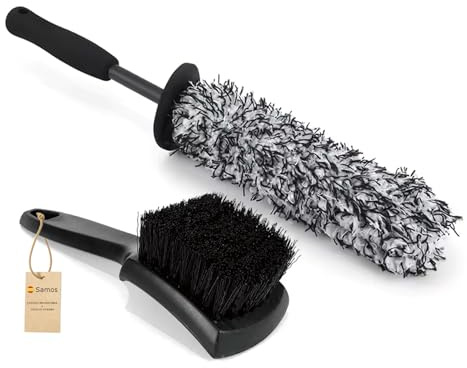 Samos® Cepillo Limpia Llantas Coche y Cepillo Limpiador de neumatico | Kit Limpieza de Ruedas Completo con Limpia Llantas, Limpiador de neumáticos