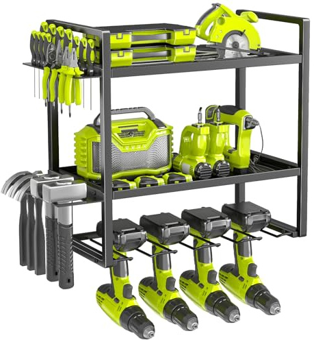 BILIONE 3 Layer Power Tool Storage, Heavy Duty Tool Organisers, Wall Mounted Tool Rack for Garage, Home, Workshop