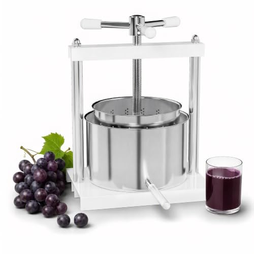Aufun Exprimidor manual de frutas de 5 litros, de acero inoxidable 430, prensa de frutas, prensa para uvas, frutas, carne, hierbas, queso, incluye recipiente colector con tubo de salida (5 L)