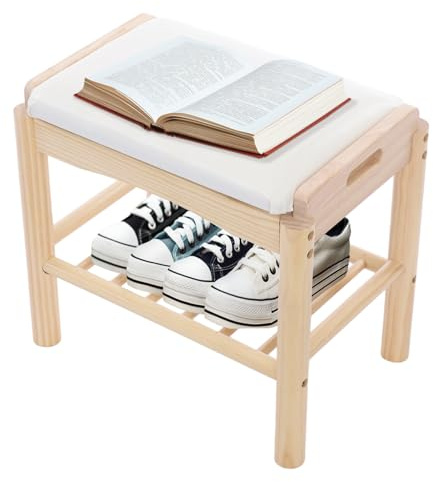 RjcdOPL Banc de Rangement à Chaussures, Support de Chaussures avec Siège PU Rembourré, Banc d’Entrée en Bois de Pin, 45×30×40 cm, Capacité 100 kg, pour Entrée, Salon et Chambre (Bois)