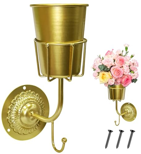 Hzampsun Vintage Brass Wall Vase - Hanging Home Decor & Multifunctional Wall-Mounted Organizer Container for Flowers,Keys & Small Items,Kitchen Bathroom Bedroom Organization & Decor
