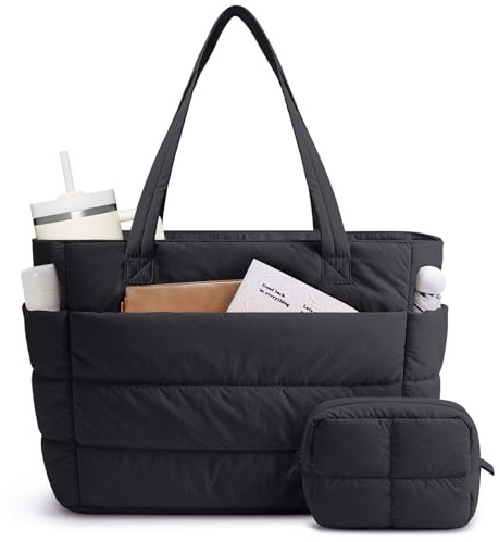 Narwey Tote Bags for Women, Work Laptop Bags for Women with Makeup Pouch, Puffer Teacher School Shoulder Hand Bag for College Shopping Travel Gym Dance Beach Nurse (Black)