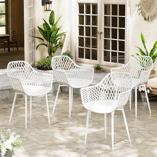 buybyroom Sillas Jardin Exterior, Juego de 4 Sillas Terraza Exterior con Reposabrazos, Patas de Metal y Respaldo de Plástico Ergonómico, para Jardín,Terraza,Balcón,Reuniones,Salón,Comedor,Blanca