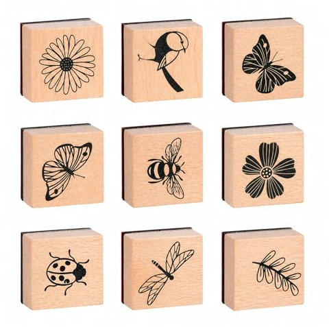 9 Pcs Wooden Rubber Stamp Set, Nature Craft Stamps for Journals & Cards | 9 nature-themed designs, Wooden blocks with rubber stamps, Square handheld shape, For paper crafts and journals