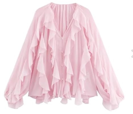 volangblus för damer sommar damer skjorta elegant cascading ruffles sexig v-ringad lösa långa ärmar casual blus att jämföra, ROSA, XS