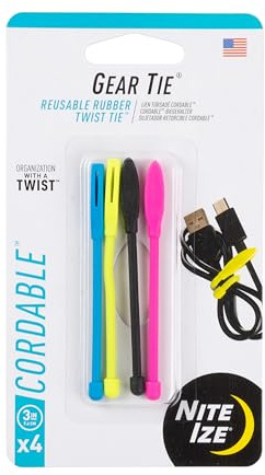 Nite Ize Gear Tie Cordable, The Original Reusable Rubber Twist Tie with Stretch-Loop For Cord Management + Storage, 3-Inch, Assorted Colors, 4 Pack, Made in the USA