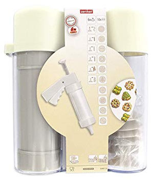 Zenker FCK42807 Presse für Kekse und Churros + 10 Scheiben + 6 Aufsätze, Kunststoff, weiß, 21 x 18,5 x 6,5 cm