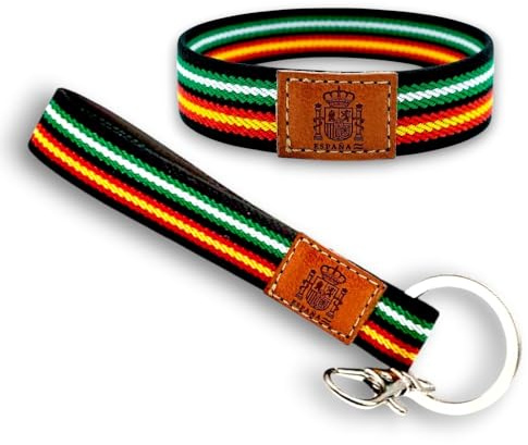 BDM Armband och nyckelring i Andalusien och Spaniens flagga med sköld | Pride Andalusi-tillbehör eller individuellt paket | Justerbart elastiskt armband (18–20 cm) och karbinhake nyckelring, Standart