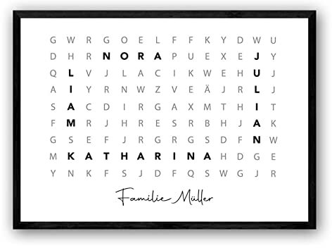 Personalisiertes Geschenk Familie Poster – Kreuzworträtsel mit Namen im Querformat – Wandbild als personalisierte Deko – Geschenkidee zum Einzug oder Jahrestag – Minimalistischer Schwarz-Weiß-Stil