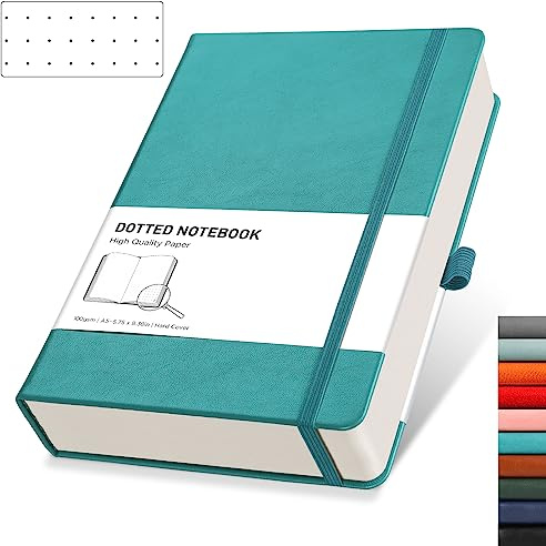 RETTACY A5 Dotted Notebook, Leather Hardcover Journal, 320 Pages, Cyan | Notepad for Men Women, 100 GSM Thick Bullet Paper, for School Sketch Planning - 14.5 × 21 cm