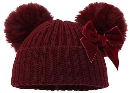 Mini Mart Online Limited Deluxe Ribbed Design Hat with Pom Poms & Bow - Burgundy/NB - 12 Months