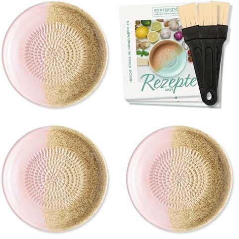 evergrate Keramikreibe 3er Verschenkset - 3 Tellerreiben Flower mit Küchenpinseln und Rezeptheften