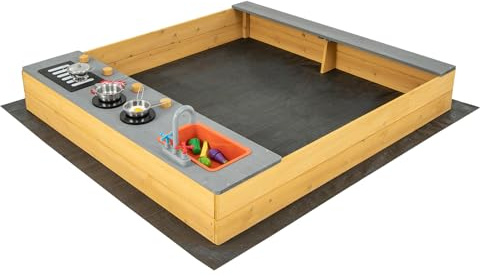 GOPLUS - Bandeja de arena de madera con banco de 135 x 125 cm, 3 en 1 bandeja de arena exterior con tapas, juego para niños de 3 a 8 años con utensilios de cocina para jardín, césped, playa