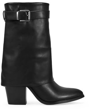 BOSANOVA Botas de tacón para Mujer de caña Media con faldón y Detalle de cinturón con Hebilla metálica en la caña. Suela de Puntera Alargada con tacón Ancho. Calzado para Mujer Negro 36