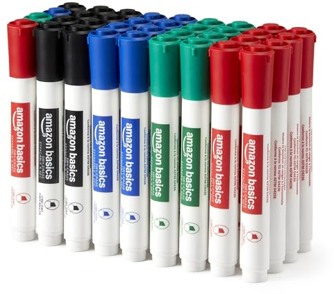 Amazon Basics Low-Odor Dry Erase Whiteboard Markers, Chisel Tip, Quick-Dry, 4 Assorted Colors, 36-Pack