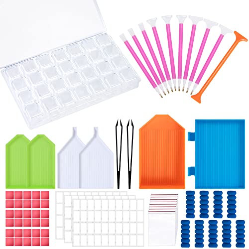 Tunejoy Diamond Painting Zubehör Set Diamant Malerei Werkzeuge Kits mit Pinzette Stifte Taschen Klebeton Sortierbox Kunststoffschale für Erwachsene Kinder DIY Kunst Handwerk