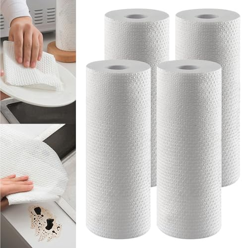 4 rotoli di asciugamani di carta da cucina, panni usa e getta e salviette per le mani per la cucina, multiuso, durevoli, per la cucina e la pulizia quotidiana, assorbenti non ungono (bianco, 50 fogli