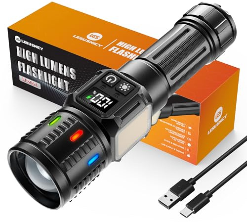 lesusnicy Rechargeable Flashlights High Lumens 100,000, Super Bright LED Flash Light Long Lasting USB C LCD Display, Dual Light Source & Buttons with Red Light, for Camping Hiking Emergency Home Gift