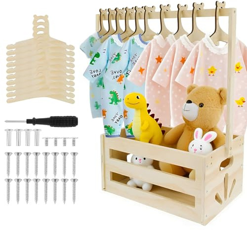 Afenau Baby Shower Crate Closet, Wooden Baby Hamper Basket with 10 Hangers, baby Baskets for Hampers for Pregnancy New Parent Gifts